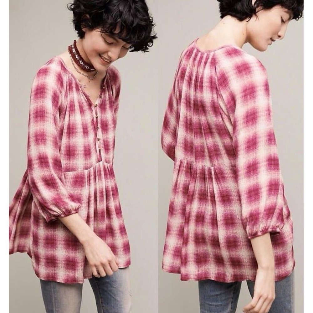 Anthropologie Maeve Cavalon Plaid Peasant Blouse in Maroon